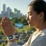 A Tecnologia a Favor da Mente em ação: meditação guiada por aplicativos como Calm e Headspace, monitorada por um smartwatch, unindo serenidade e inovação para o bem-estar em 2025."